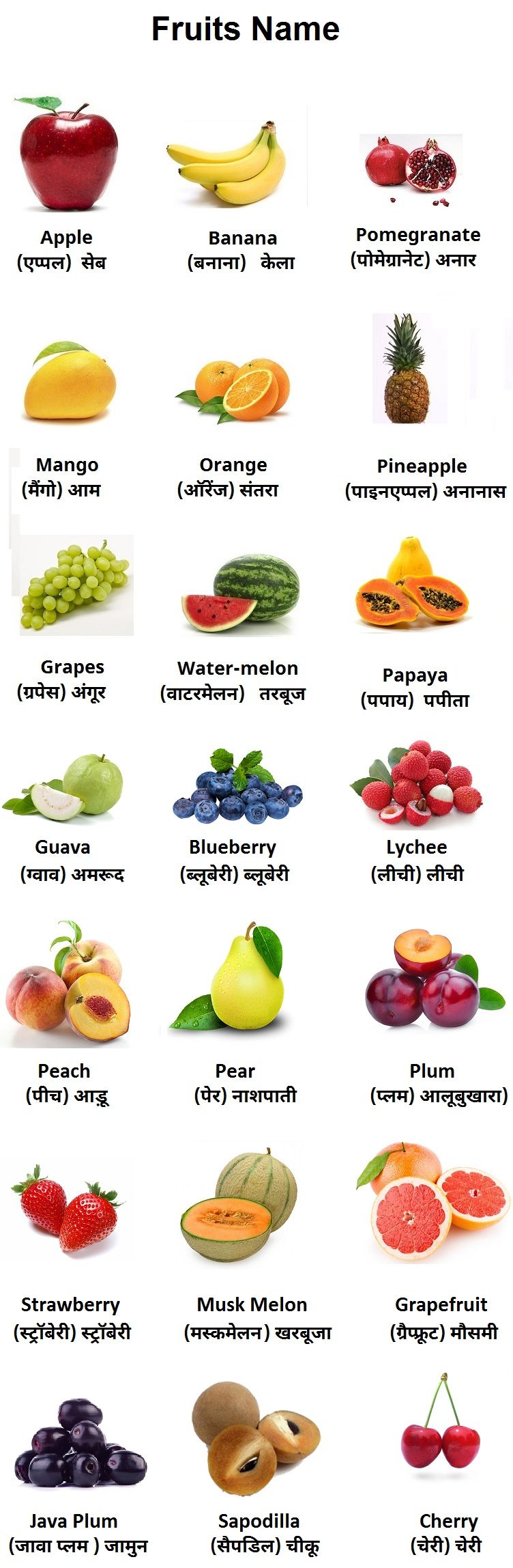 All fruits with its image - Apple, Banana, Pomergenate, Mango, Organge, Pineapple,Grapes, Watermelon,..